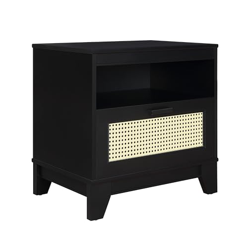 Manhattan Comfort Sheridan Cane Mid Century Modern Nightstand with 1 Full-Extension Drawer and Open Cubby Space, Elegant Bedside Table and Decor Accent for Bedroom and Living Room, Set of 2, Black - size: Set of 2