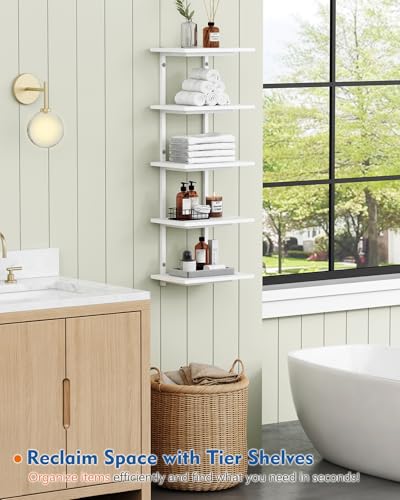 Harwaya White 5 Tier Wall Shelf Unit for Shoes Display, Lack Wall Bookshelf for Bedroom, Vertical Tiered Floating Book Shelves for Office Living Room Bathroom Vanity Kitchen Closet Purses Bags - color: White