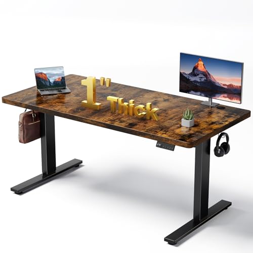 1 Inch Thick Tabletop Electric Standing Desk Adjustable - 60x28 Inch Sit Stand Desk, Double Beam Frame, 3 Memory Height Adjustment, Cable Management for Home Office - color: Rustic Brown Top / Black Frame, size: 60 x 28 Inch