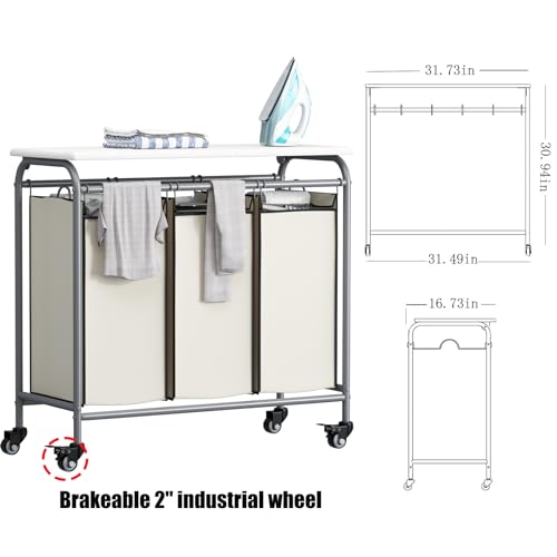 LINZINAR 3-Bag Laundry Hamper with Ironing Board, Beige 135L Laundry Sorter | Laundry Room Organization with Heavy Duty Rolling Lockable Wheels and Removable Bag, Bedroom Laundry Cart for Clothes Storage - size: 3 Bags Beige with Board
