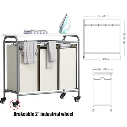 LINZINAR 3-Bag Laundry Hamper with Ironing Board, Beige 135L Laundry Sorter | Laundry Room Organization with Heavy Duty Rolling Lockable Wheels and Removable Bag, Bedroom Laundry Cart for Clothes Storage - size: 3 Bags Beige with Board