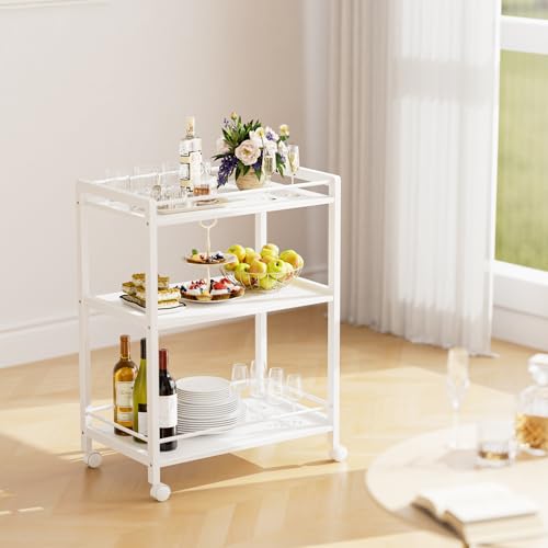 HITNET White Bar Cart, Home Bar Serving Cart, Kitchen Trolley on Wheels with Storage, 3 Tier Rolling Beverage Cart for Living Room Kitchen Home Office - color: White