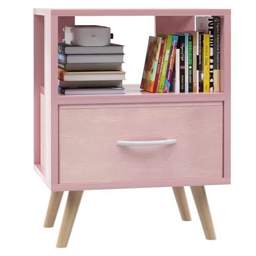 Huhote Kids Nightstand, 2-Tier Night Stand with Drawer, Modern Side Table for Bedroom, Study Room Small Spaces, Pink - color: Pink, size: 2-Tier with Drawer
