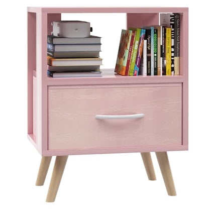 Huhote Kids Nightstand, 2-Tier Night Stand with Drawer, Modern Side Table for Bedroom, Study Room Small Spaces, Pink - color: Pink, size: 2-Tier with Drawer
