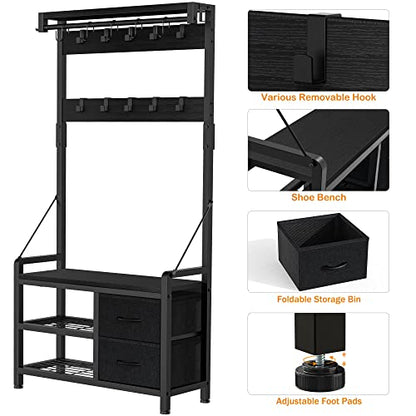 Lulive Hall Tree with Bench and Shoe Storage, 31.5” Coat Rack Freestanding | Black, 5 in 1 Intelligent Design, 17 Hooks, 2 Drawers, Handy Clothes Rail - color: Black, size: 11.8"D x 31.5"W x 70.9"H