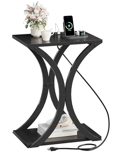 CHOEZON Black End Table with Charging Station, 2-Tier Narrow Side Table, Nightstand with Storage Shelf, for Small Spaces, for Living Room, Bedroom, Black TBZ20UBB - color: Black