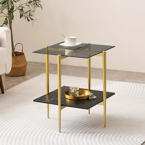 LumFurn Glass End Table, Mid-Century Modern Design Sofa Table, for Living Room, L18 x W18 x H23 in, Clear Glass Top and Walnut MDF Shelf, Sleek Conical Metal Legs with Gold Finish Frame - color: Grey & Black Marble, size: L18" Square End Table