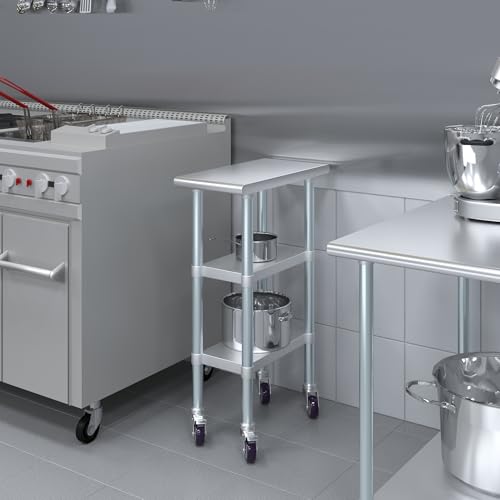 AmGood Stainless Steel Work Table with 2 Shelves and Casters | Metal Utility Table On Wheels (Stainless Steel Work Table with 2 Shelves + Casters, 12" Long x 24" Deep) - size: 12" Long x 24" Deep