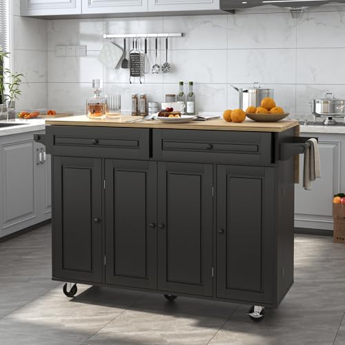 Squireewo 55" Kitchen Cart with Wood Top and Drop Leaf Breakfast Bar, Rolling Mobile Kitchen Island Table on Wheels with Drawer and Storage Cabinet, Spice Rack, Towel Rack, Black - size: 55"W