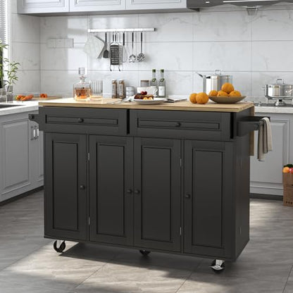 Squireewo 55" Kitchen Cart with Wood Top and Drop Leaf Breakfast Bar, Rolling Mobile Kitchen Island Table on Wheels with Drawer and Storage Cabinet, Spice Rack, Towel Rack, Black - size: 55"W