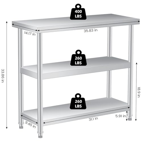 Stainless Steel Table, 14 x 36 x 34 in, 3-Tier Metal Prep Table with 2 Undershelf & Gloves, Commercial Kitchen Utility Workstation for Restaurant, Hotel, Laundry, Garage, Indoor, Outdoor, BBQ