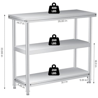 Stainless Steel Table, 14 x 36 x 34 in, 3-Tier Metal Prep Table with 2 Undershelf & Gloves, Commercial Kitchen Utility Workstation for Restaurant, Hotel, Laundry, Garage, Indoor, Outdoor, BBQ