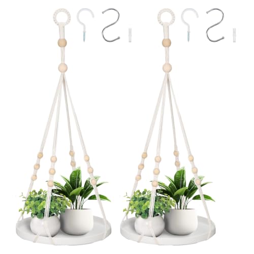 GREANER Macrame Plant Hangers Indoor, 2 Sets White Hanging Planter Rack with Plastic Tray, Decorative Flower Pot Holder for Window Corner Decoration - color: White
