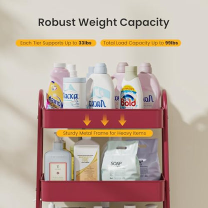DUMOS 3 Tiers Metal Rolling Utility Cart with Lockable Wheels, Mobile Storage Organizer, Utility Shelving Unit for Kitchen, Office, Bathroom, Laundry, Narrow Places, Red - color: 3 Tiers Red