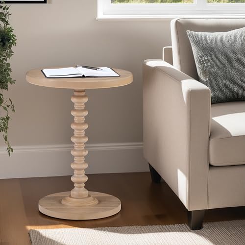 Powell Tarkin Round Natural Wood Turned Spindle Pedestal Side Accent Table - color: Natural