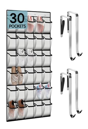 Kotkn 30 Compartment Breathable Mesh Pocket Over the Door Hanging Over the door shoe organizer Shoe rack Over door shoe organizer Hanging shoe organizer (White, 30) - color: White