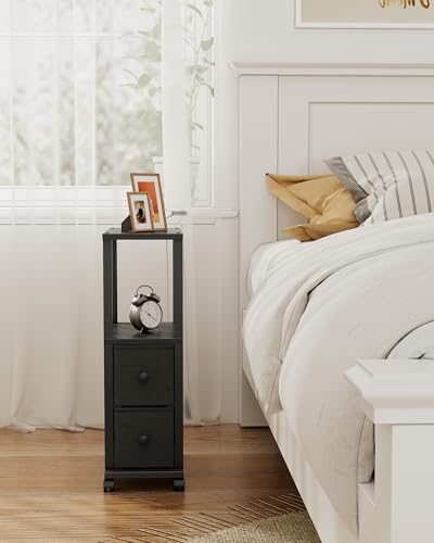 TUTOTAK Small Narrow End Tables, Side Tables with 2 Fabric Drawers, Set of 2, Bedside Tables with Charging Station for Small Spaces, Slim Nightstands with USB Ports and Wheels, TB01BK053 - color: Black, style: with Outlets