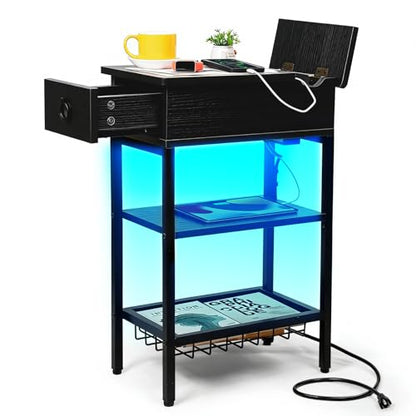 Narrow Nightstand with LED Light, Black End Tables with Charging Station, LED Side Table Living Room with Drawer Storage, Small Bedside Table with Ports and Outlets for Gaming Room - color: Classic Black With Light, style: Modern