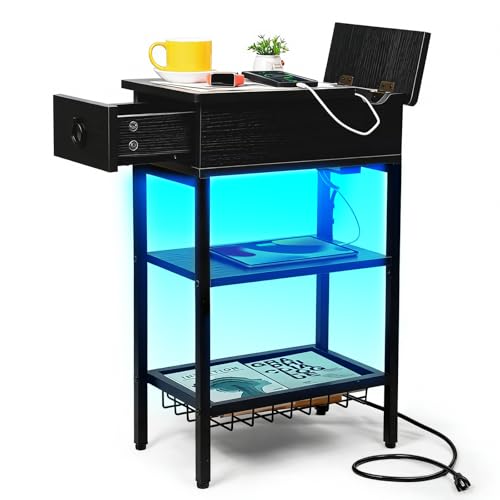 Narrow Nightstand with LED Light, Black End Tables with Charging Station, LED Side Table Living Room with Drawer Storage, Small Bedside Table with Ports and Outlets for Gaming Room - color: Classic Black With Light, style: Modern
