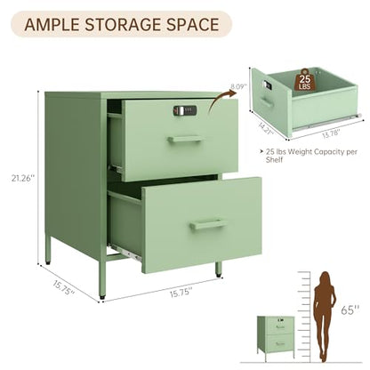 Steehoom Metal Nightstand with Lock, 2 Drawer End Side Table, Lockable Storage Cabinet Kids Cabinet for Living Room, Bedroom, Dorm, 21.26”H X 15.75”W X 15.75”D (2 Drawer, Green) - color: Green, style: 2 Drawer