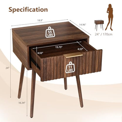 VINGLI Nightstands Set of 2, Fluted Night Stand with Drawer, Bedside Table, Wood Nightstand for Bedroom, Mid Century Modern End Tables, Walnut, 18.9" W*14.96" D*24" H - color: Walnut, size: 19"W-1 Drawer
