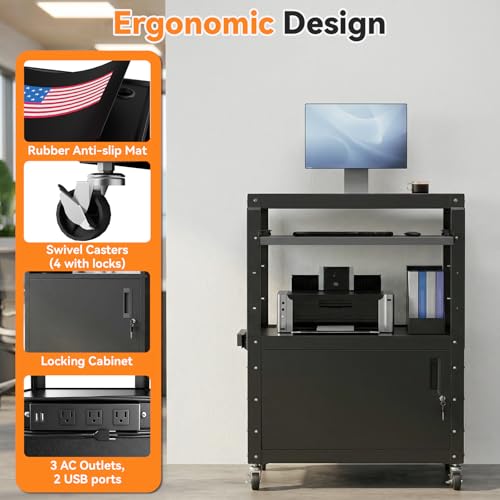 Mobile AV Cart, Adjustable Height Rolling Computer Cart with Pullout Keyboard Tray – Locking Cabinet, 3 Outlets & 2 USB Ports, Lock Brake Casters–Media Utility Cart on Wheels for Home/Office - size: Style 1 18"D x 24"W x 43.3"H