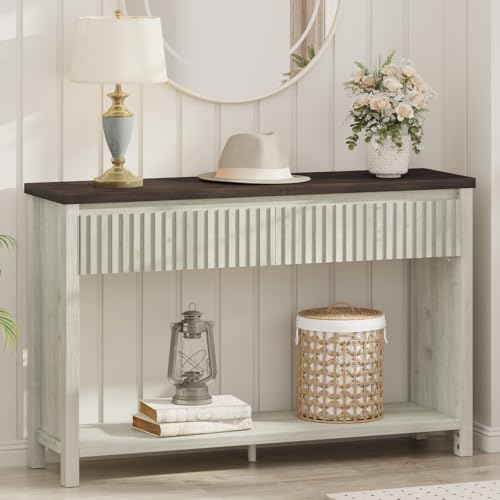 BON AUGURE 47In Entryway Table with Drawers, Sofa Tables with Storage | Console Tables for Entryway, Two-Tier Narrow Hallway Tables, Modern Fluted Panel, Walnut and Washed Grey Oak - color: Walnut & Washed Grey