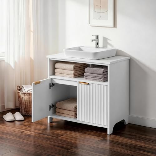 Karl home White Under Sink Storage Cabinet, Fluted Bathroom Vanity | Grid Embossed Freestanding Vanity with 2 Doors, 1 Shelf and U-Cut-Out, 23.62 x 11.81 x 23.62 Inches for Bathroom Sink Area - color: White, size: 2 Doors and 1 Shelf