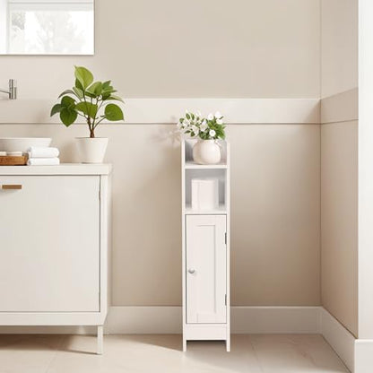 SUPER DEAL Small Bathroom Storage Corner Cabinet Set of 2, Narrow Floor Bathroom Toilet Paper Storage Organizer with Adjustable Shelves for Small Space, White