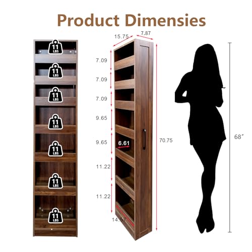 7-Tier Slim Mobile Shelving Cart with Wheels, Rolling Pantry with 7 Baskets, Narrow Pull-Out Utility Cart, Space Saving Storage Organizer Carts for Kitchen Living Room Bathroom Narrow Spaces, Walnut - size: Walnut & 7.87"D x 15.75"W x 70.75"H