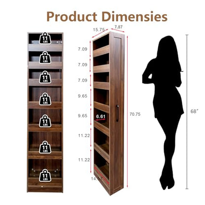 7-Tier Slim Mobile Shelving Cart with Wheels, Rolling Pantry with 7 Baskets, Narrow Pull-Out Utility Cart, Space Saving Storage Organizer Carts for Kitchen Living Room Bathroom Narrow Spaces, Walnut - size: Walnut & 7.87"D x 15.75"W x 70.75"H