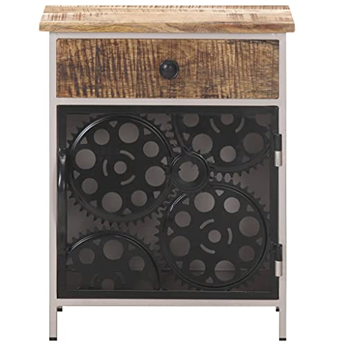Industrial Bedside Cabinet, Rough Mango Wood with Natural Finish, Silver Iron Frame, 11.8x15.7x19.7 Inches, Storage Drawer & Door, Unique Bicycle Chain Wheel Design