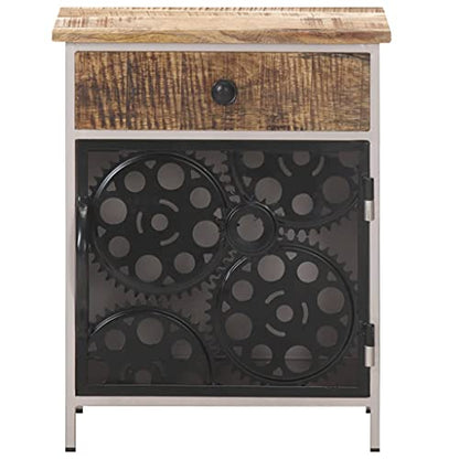 Industrial Bedside Cabinet, Rough Mango Wood with Natural Finish, Silver Iron Frame, 11.8x15.7x19.7 Inches, Storage Drawer & Door, Unique Bicycle Chain Wheel Design
