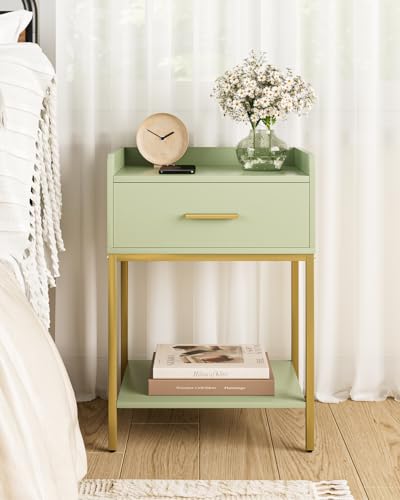 Nightstand,Modern Bedside Table Night Stand with Storage Drawer and Open Shelf,Small End Side Table for Bedroom,Living Room,Green - color: Green
