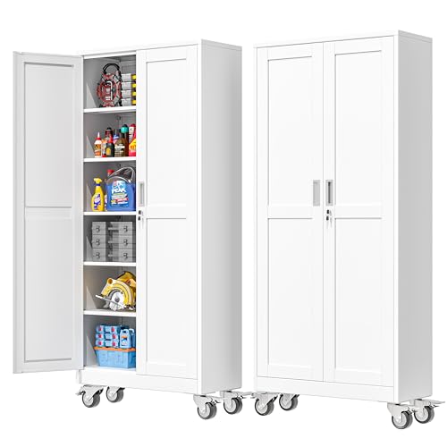 PAOFIN 75''H Metal Garage Storage Cabinet with Wheels,Steel File Cabinets with 2 Doors and 5 Adjustable Shelves for Home Office, Warehouse, Required Assembly,White - color: White, size: 75"