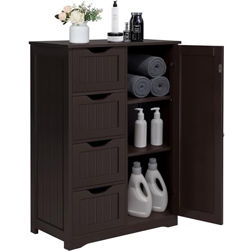 Yaheetech Small Bathroom Storage Cabinet with 4 Drawers & Door, Espresso | Floor Cabinet Organizer for Hallway, Living Room, 3-Position Adjustable Shelf, Beadboard Detail, MDF, 12"D x 22"W x 32.5"H - color: Espresso, size: 22 x 12 x 32.5 In (LxWxH)