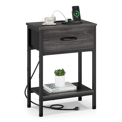 Vagusicc Nightstand with Charging Station, End Table with Fabric Drawer, Small Side Table with 2-Tier Storage Shelves, 25.4" Tall Night Stand, Bedside Table for Bedroom, Living Room, Dorm, Black Oak - color: Black Oak (1 Pack)