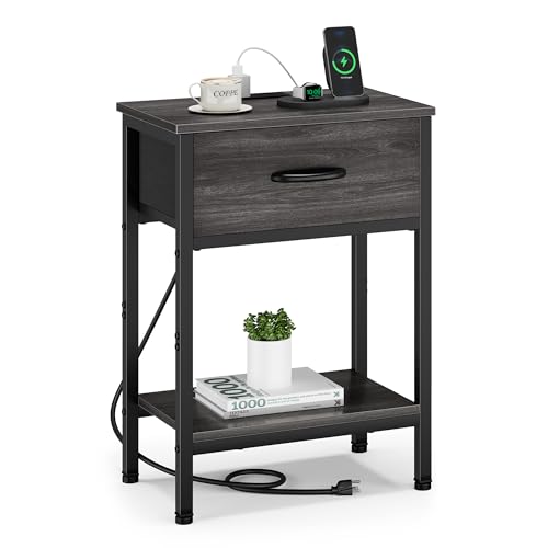 Vagusicc Nightstand with Charging Station, End Table with Fabric Drawer, Small Side Table with 2-Tier Storage Shelves, 25.4" Tall Night Stand, Bedside Table for Bedroom, Living Room, Dorm, Black Oak - color: Black Oak (1 Pack)