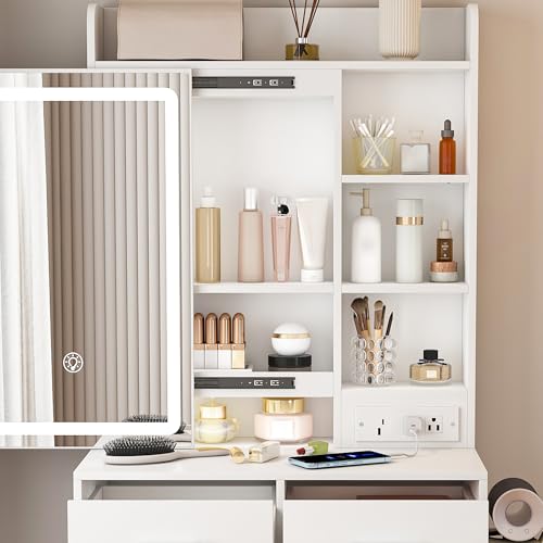 Small Vanity Desk Set with Lighted Mirror and Stool, Compact Makeup Table Set with Light - 3 Color Models, Dressing Makeup Table with Hair Dryer Rack & Power Strip & 2 Drawers for Bedroom Apartment