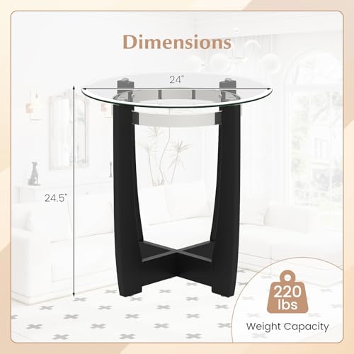 Giantex Round Glass End Table Set of 2, 24’’ Side Table with Tempered Glass Top, Nightstands with Cross & Solid Rubber Wood Base, Compact Bedside Night Stand for Bedroom Office Living Room (2, Black) - color: Black