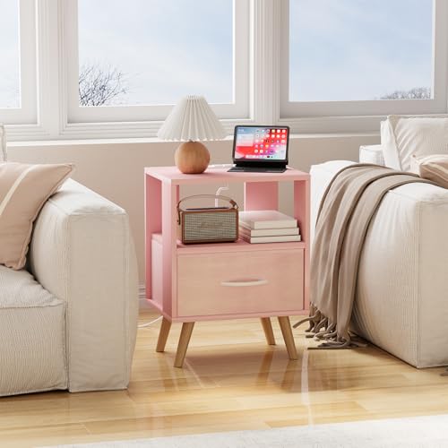 Huhote Kids Nightstand, 2-Tier Night Stand with Charging Station and Drawer, Modern Side Table for Bedroom, Study Room Small Spaces, Pink - color: Pink, size: 2-Tier with Charging