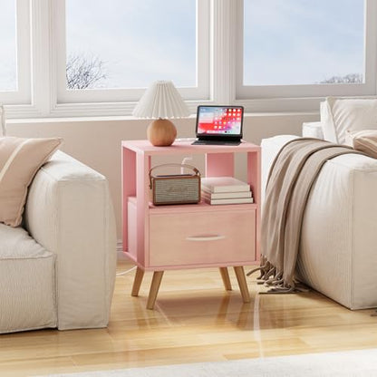 Huhote Kids Nightstand, 2-Tier Night Stand with Charging Station and Drawer, Modern Side Table for Bedroom, Study Room Small Spaces, Pink - color: Pink, size: 2-Tier with Charging