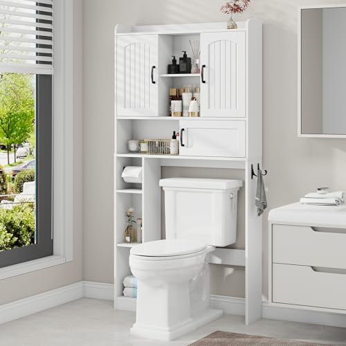 Vabches Over The Toilet Cabinet with 2 Barn Doors & Sliding Door, White | Farmhouse Toilet Storage Rack, Bathroom Organizer with Open Storage Layer and Adjustable Shelves & Hooks - color: White