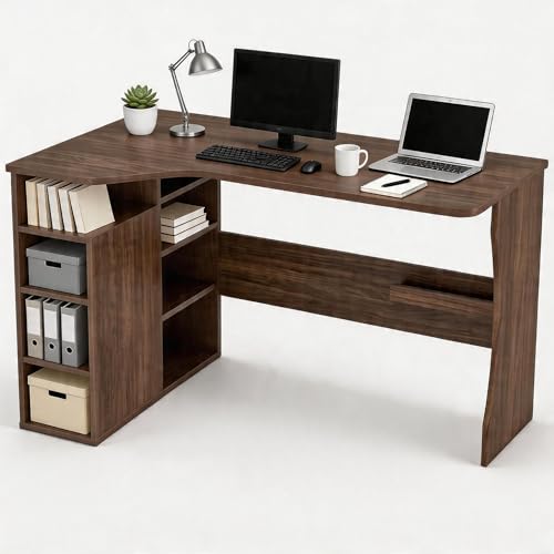 IDEALHOUSE Walnut L Shaped Desk for Small Spaces, Reversible Corner Desk with Storage Cabinet and 6 Adjustable Shelves, Wood Computer Desk for Home Office, Study, Writing, Gaming, Bedroom, Brown - color: Brown