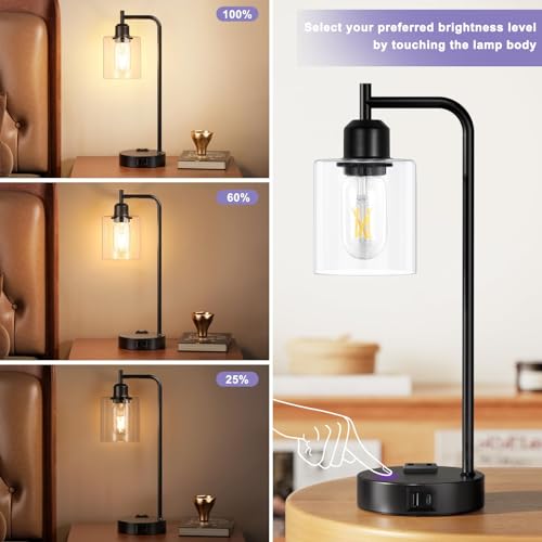 Industrial Touch Lamps for Nightstand Set of 2, 3-Way Dimmable Bedside Lamp | Glass Shade, USB C+A Charging Port & Outlet, Black Desk Lamps for Bedroom, Living Room, Home Office, Reading - color: A-Clear