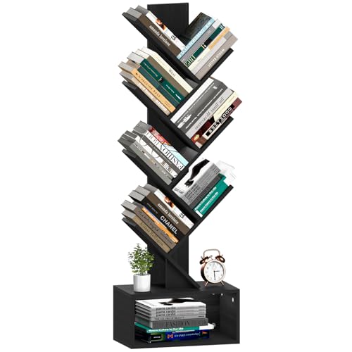 Yoobure Tree Bookshelf, 6 Tier Small Book Shelf Retro Floor Standing Bookcase, Wood Book Storage Organizer Rack, Tall Narrow Bookshelves for Corner/Bedroom/Living Room/Home Office, Black - color: Black