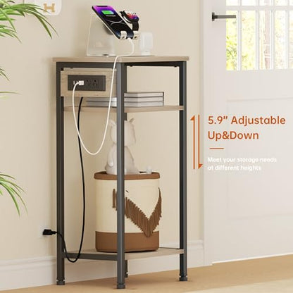Asgolion Tall End Table with Charging Station, 3 Tier Narrow Beside Table with Adjustable Shelf, Tall Side Table Nightstand for Bedroom, Living Room Coffe Table, Office, Greige - color: Greige, size: 14.8"D x 11"W x 30"H