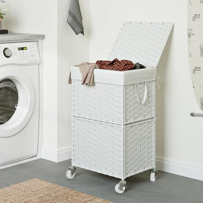 Chrislley 90L Slim Laundry Hamper with Wheels, Rolling Laundry Basket with Lid and Renovable Liner Bag, Handwoven Rattan Organizer for bedroom, bathroom, laundry room (White) - color: White