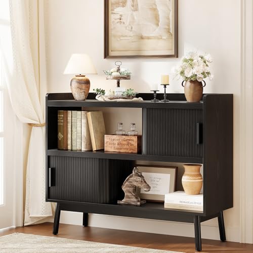 ONBRILL 44" Sideboard Buffet Cabinet with Outlet & 2 Open Storage Spaces, Fluted Sideboard Cabinet with Sliding Door & Adjustable Shelves, Mid-Century Accent Coffee Bar Console Table with Wooden Feet - color: Black, size: 44"