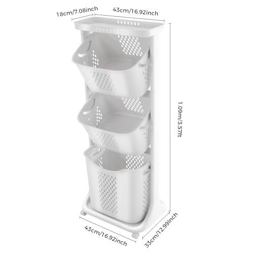 Rolling Laundry Hamper, 3 Tier Storage Sorter Cart with Wheels, White Plastic Dirty Laundry Basket, Movable Clothes Toiletries Snacks Hamper for Kitchens Bathrooms Bedrooms Classrooms Laundry Rooms
